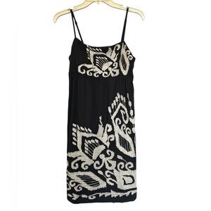 New INC Embroidered Spaghetti Strap Empire Waist Tribal Black Pima Cotton Dress